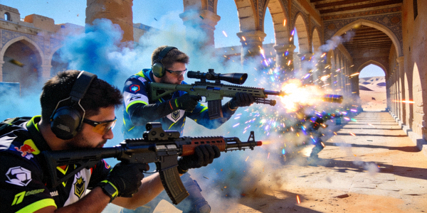 CS:GO职业选手在Major赛事中于荒漠迷城地图上激烈交火的瞬间